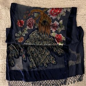 Burnout Velvet Beaded Fringed Peacock Scarf